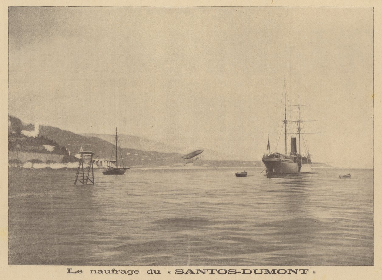 El dirigible de Alberto Santos-Dumont se estrella en el Mediterráneo (litografía) de French School