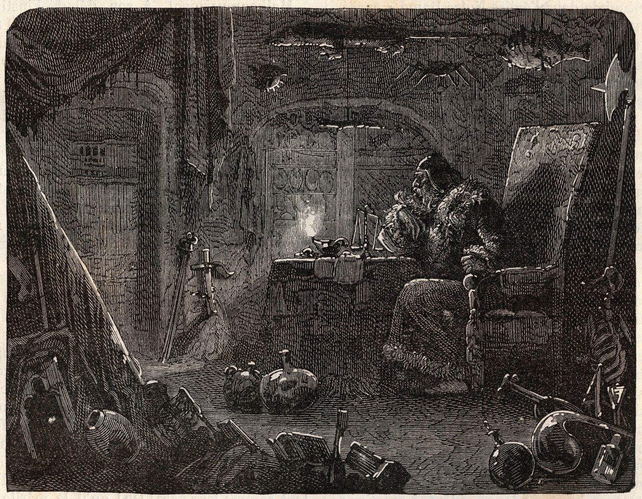 El alquimista, habiendo prometido hacer oro, trabaja en su laboratorio: el Alquimista en el siglo XVII - en Paris a travers les cules por Nicolas Jules Henri Gourdon de Kennouillac (1826-1898) de French School