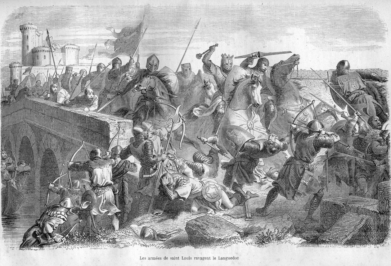 Los ejércitos de San Luis devastan el Languedoc en el siglo XIII - Grabado en 
