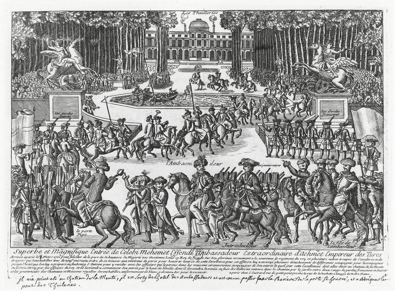 La llegada de Mehmed Celebi Efendi, embajador del sultán Ahmed III de Turquía, a las Tullerías para ser recibido por Luis XV en 1721 (grabado) de French School
