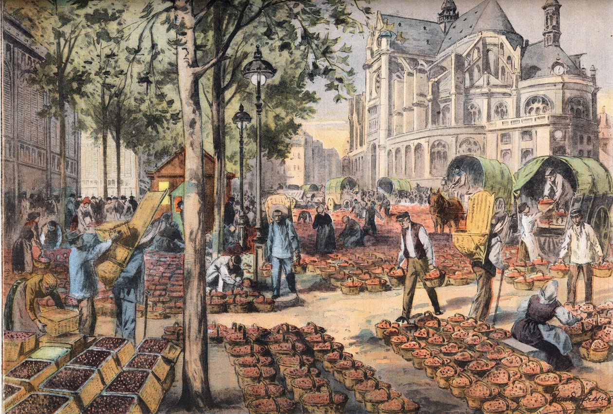 La llegada de las fresas en la teja de los pasillos detrás de la iglesia de Saint Eustache, del periódico "Le Petit Parisien" de French School