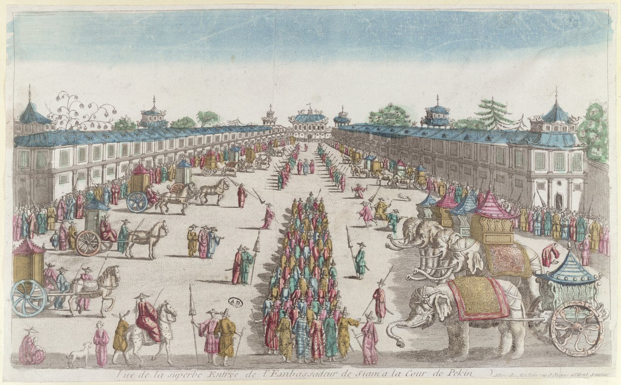 La llegada de los embajadores siameses a la Ciudad Prohibida en Pekín en su visita al Emperador de China, segunda mitad del siglo XVIII de French School