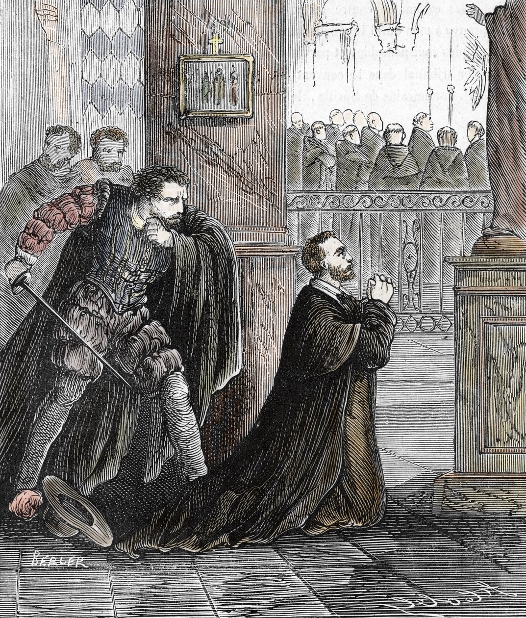 El asesinato del Inquisidor Pedro de Arbues (1441-1485) el 17/09/1485 en la Catedral de Zaragoza en España (El oficial de la inquisición española Pedro de Arbues asesinado en la Catedral de La Seo de Zaragoza en 1485 en un supuesto complot por convers de French School