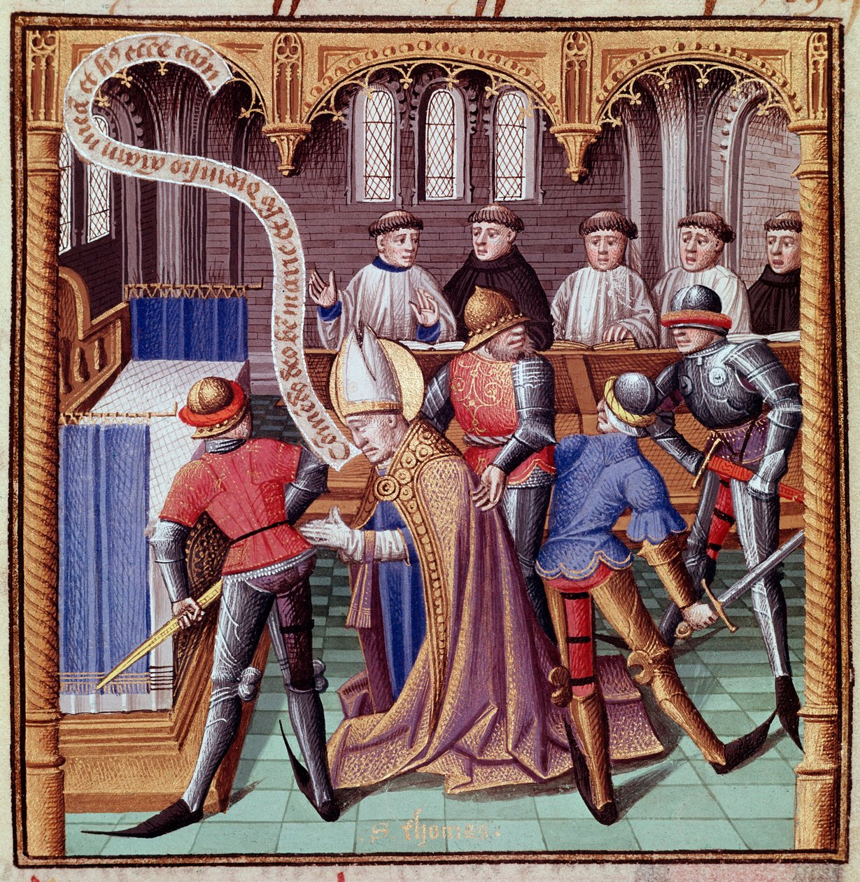 El asesinato de Tomás Becket en 1170 (Assassination of Saint Thomas of Canterbury) Miniatura extraída de "Le miroir historial" (Speculum Historiale) de Vincent de Beauvais (1190-1264) traducida al francés por Jean de Vignay. de French School