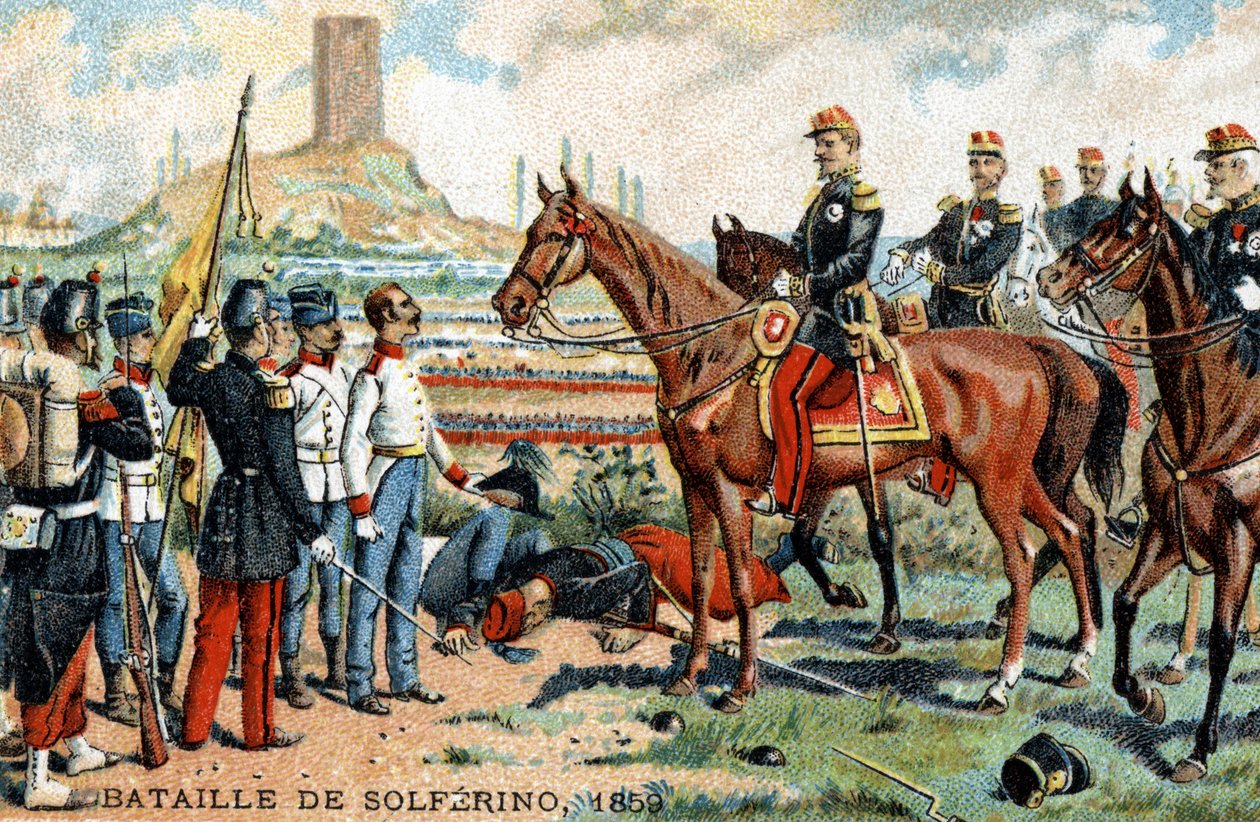 La batalla de Solferino (Italia) entre los ejércitos franco-sardos (victoriosos) y austriacos (derrotados) en 1859. Cromolitografía del siglo XIX. de French School