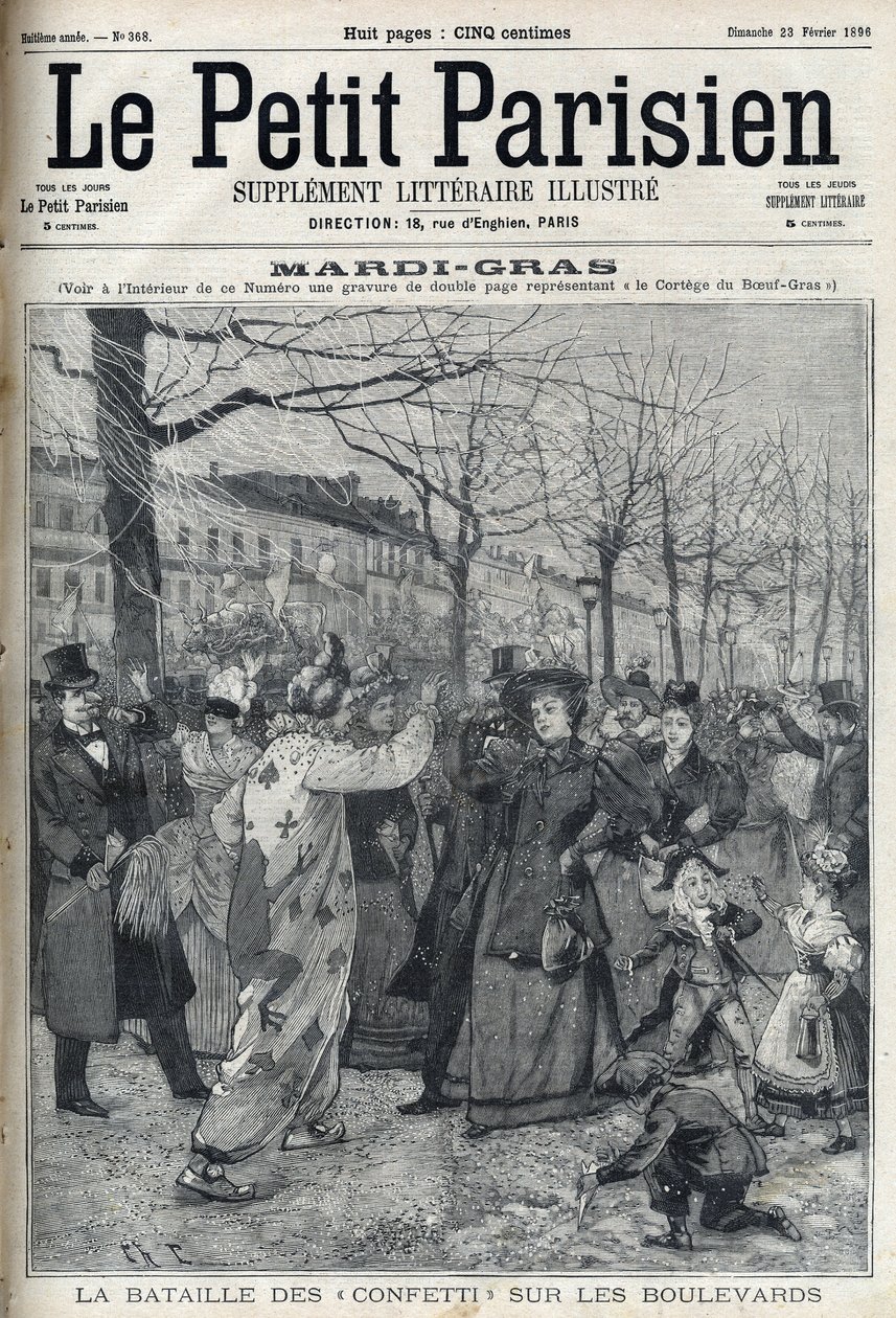 La batalla de confeti en el bulevar parisino durante el Mardi Gras. Grabado en "Le Petit Parisien". de French School