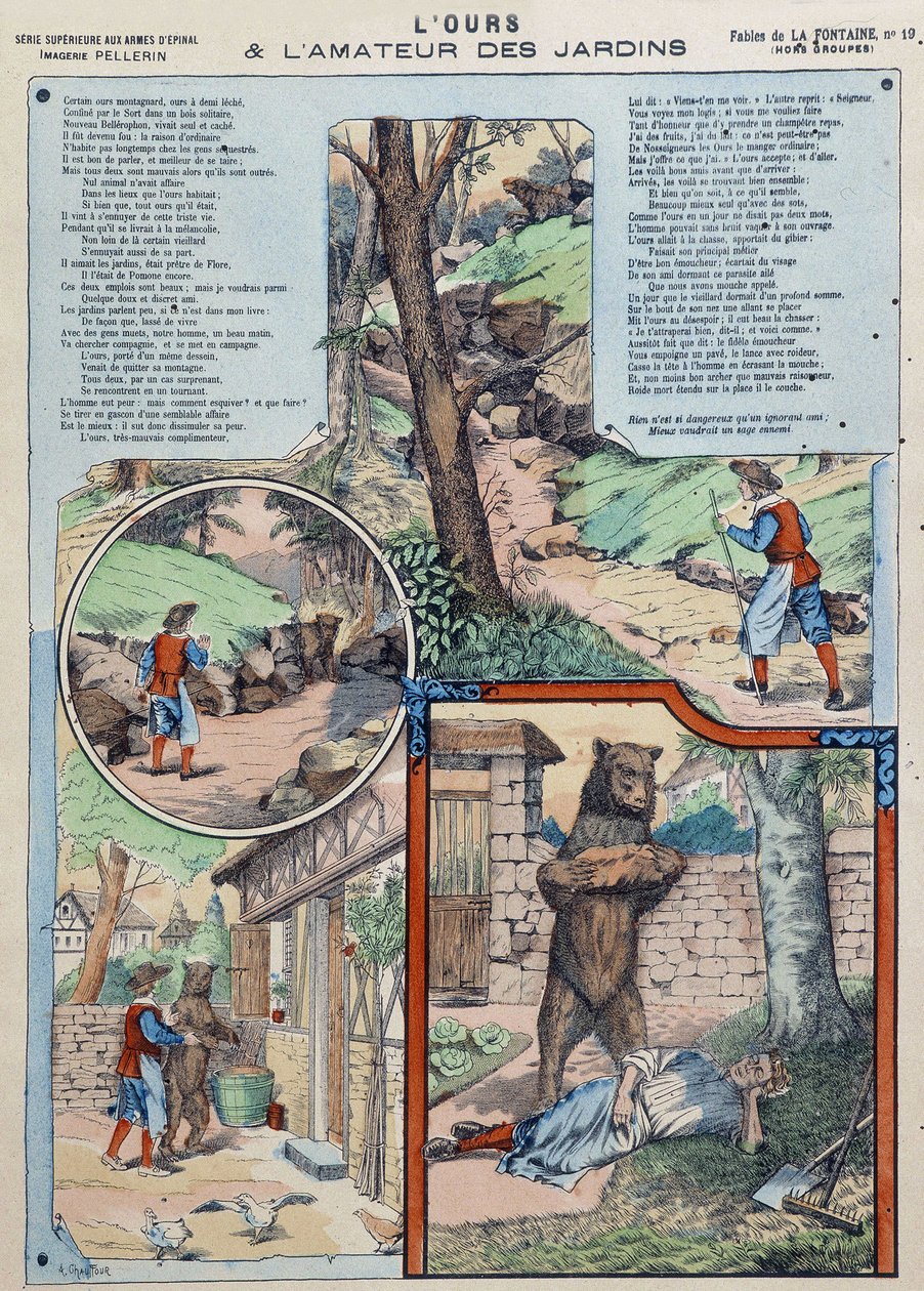 El oso y el amante del jardín - Fábulas de La Fontaine en imágenes de Epinal de French School