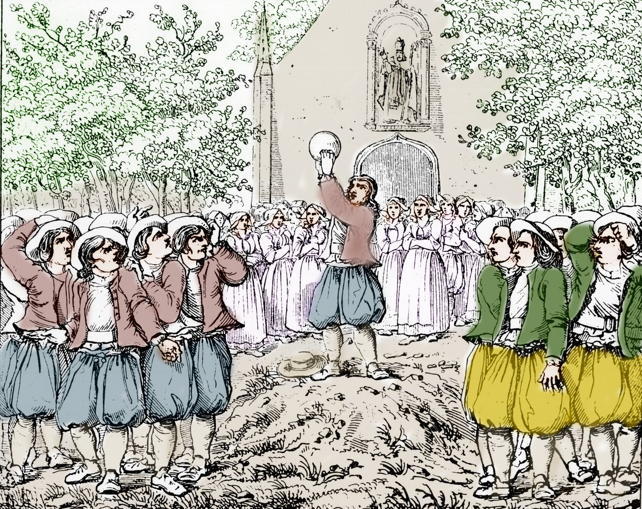 El comienzo de un juego de soule (fútbol) en Bretaña a mediados del siglo XIX. de French School