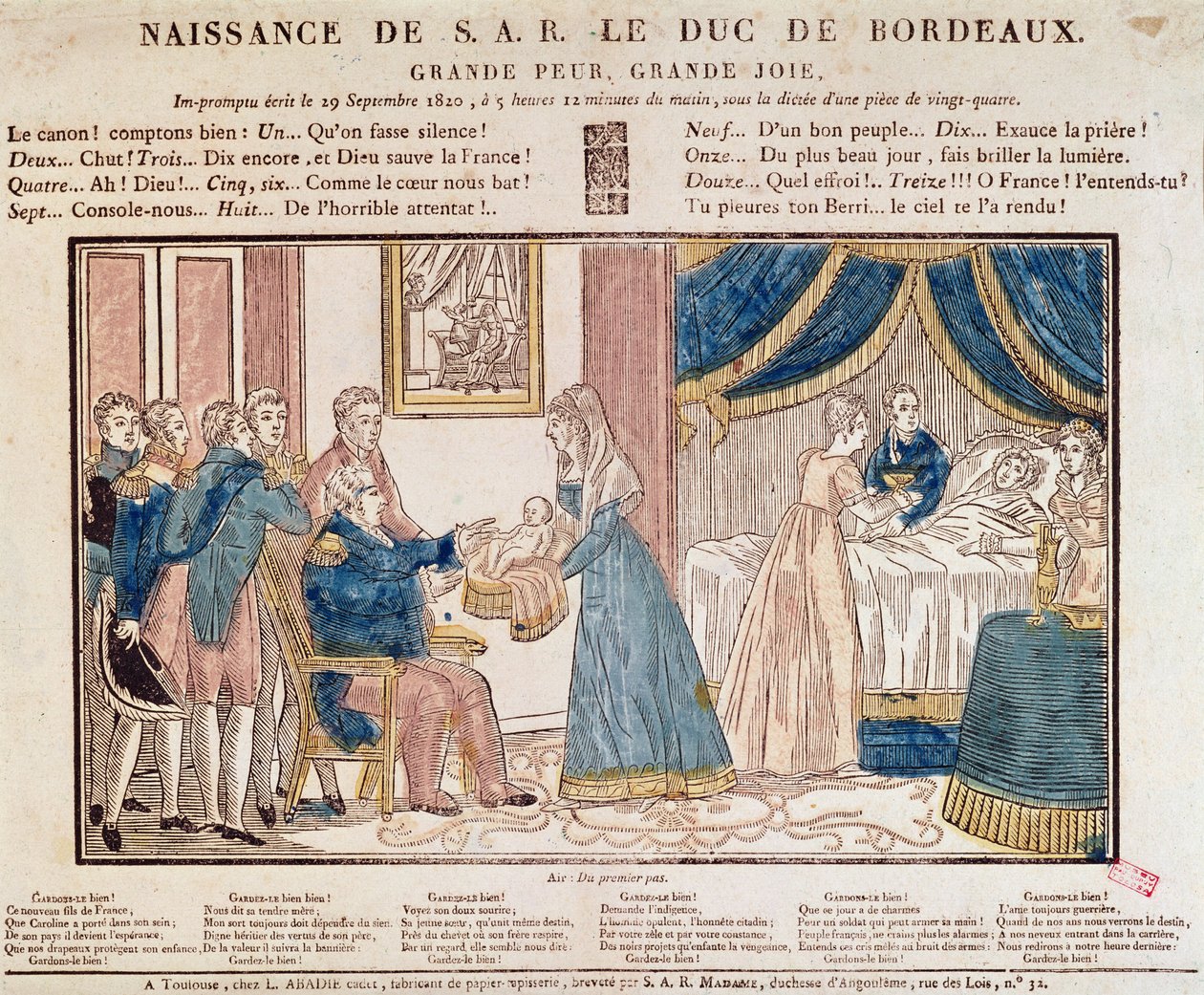 El nacimiento de Henri Charles Ferdinand Marie Dieudonne de France, Duque de Burdeos, Conde de Chambord el 29 de septiembre de 1820 de French School