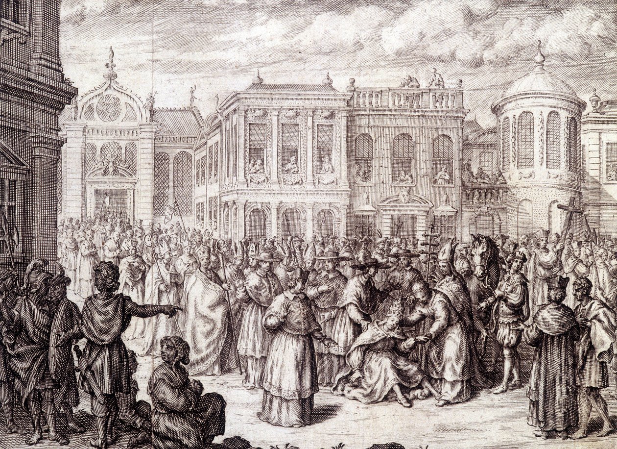 El nacimiento de la Papisa Juana - en "Historia de la Papisa Juana" de M. de Spanheim, La Haya de French School