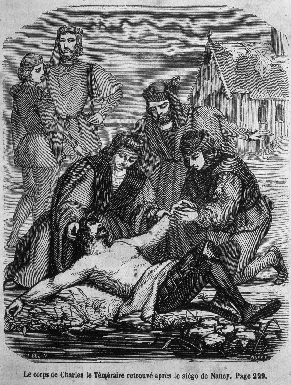 El cuerpo de Carlos el Temerario (1433 - 1477) encontrado después del sitio de Nancy - en "Historia de Francia" de L.-P. Anquetil de French School