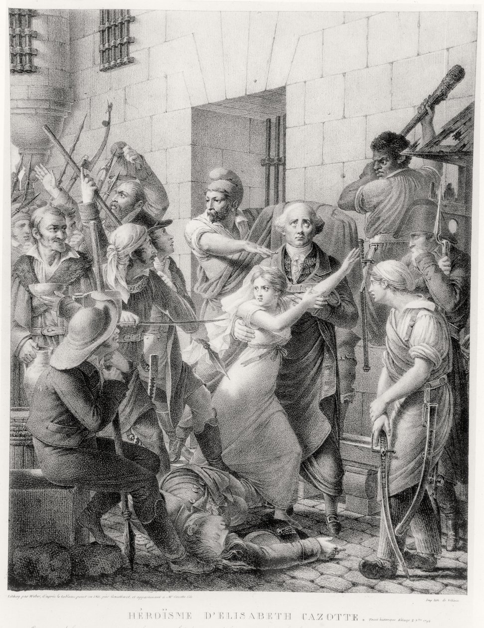 La valentía de Elisabeth Cazotte protegiendo a su padre de la multitud (grabado) de French School