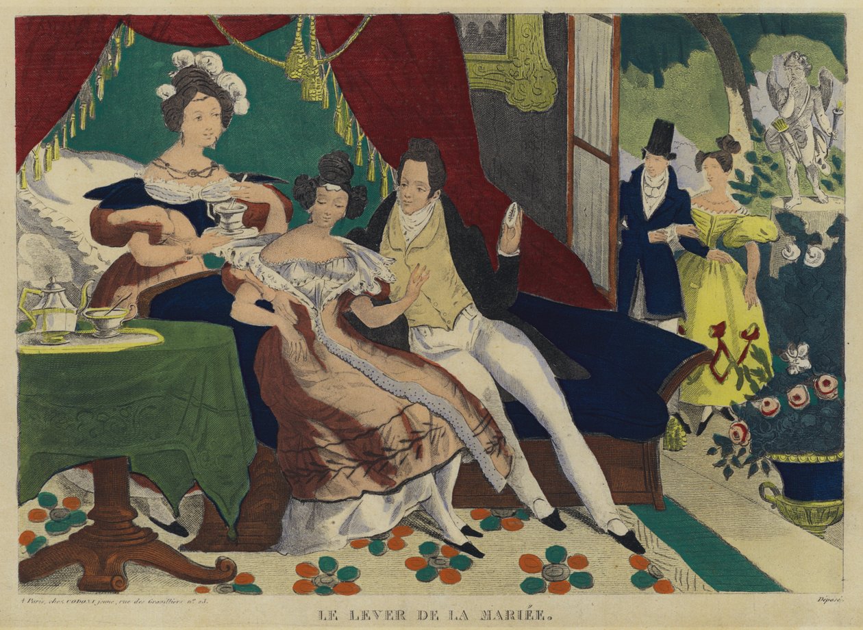 La novia levantándose por la mañana (litografía en color) de French School