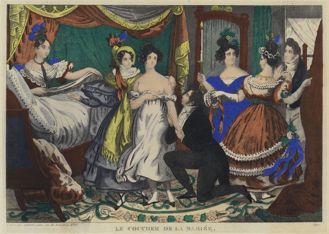 La hora de acostarse de la novia (litografía en color) de French School