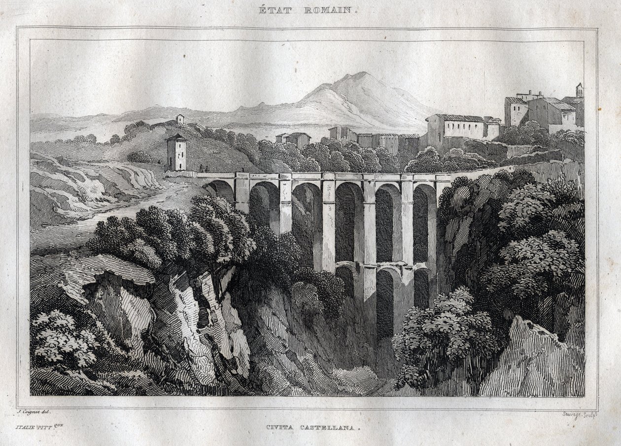 El puente tiene arcadas dobles - CIVITA CASTELLANA - Provincia de Viterbo - Italia - Grabado de “Italia Pintoresca” - Pintura Histórica y Descriptiva de Italia” por M. de Norvins, Ch. Nodier 1834-1836. de French School