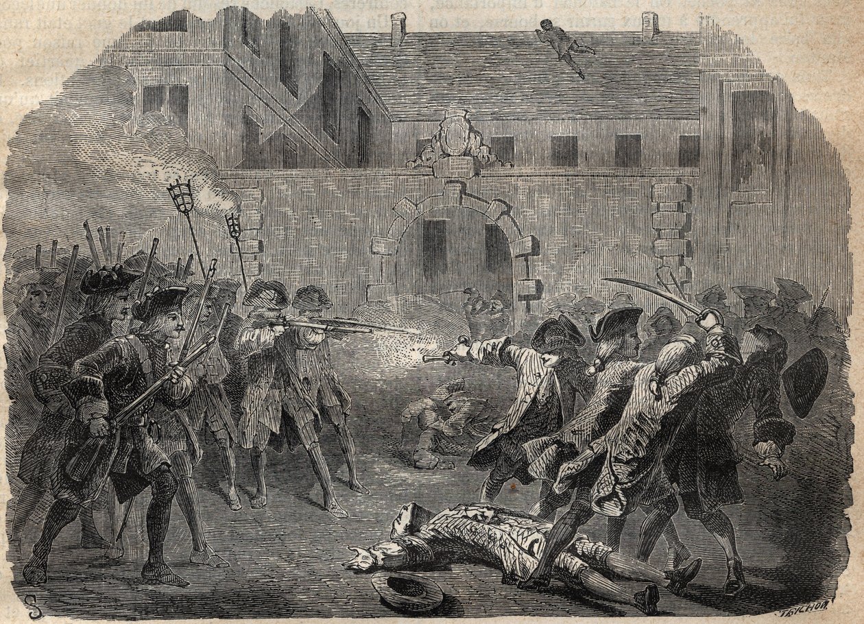 El bandido Louis Dominique Garthausen llamado Cartouche y sus compañeros yendo a desvalijar el Hotel Desmaretz en París, son sorprendidos y atacados por los arqueros, tras una feroz lucha, huyen por los tejados - Bandido francés Louis Dominique de French School