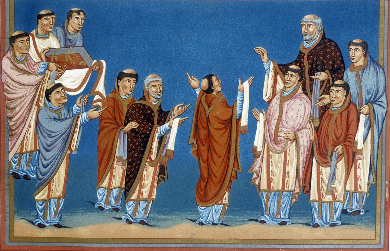 Los canónigos de San Martín (Saint Martin) de Tours ofrecen al rey Carlos II, llamado el Calvo (823-877), una Biblia escrita en su abadía. de French School