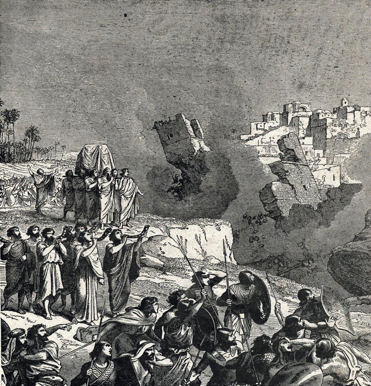 La toma de Jericó durante la cual el pueblo de Israel hace sonar sus trompetas bajo las murallas de la ciudad cuyo acceso les está prohibido, Ce son fait fait les murs de la ville (La batalla de Jericó la primera batalla de los israelitas en su conquista d de French School