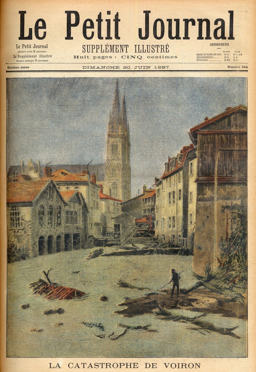 La catástrofe (inundación) del pueblo de Voiron (Isère) Francia en "Le Petit Journal", 20 de junio de 1897 (grabado) de French School