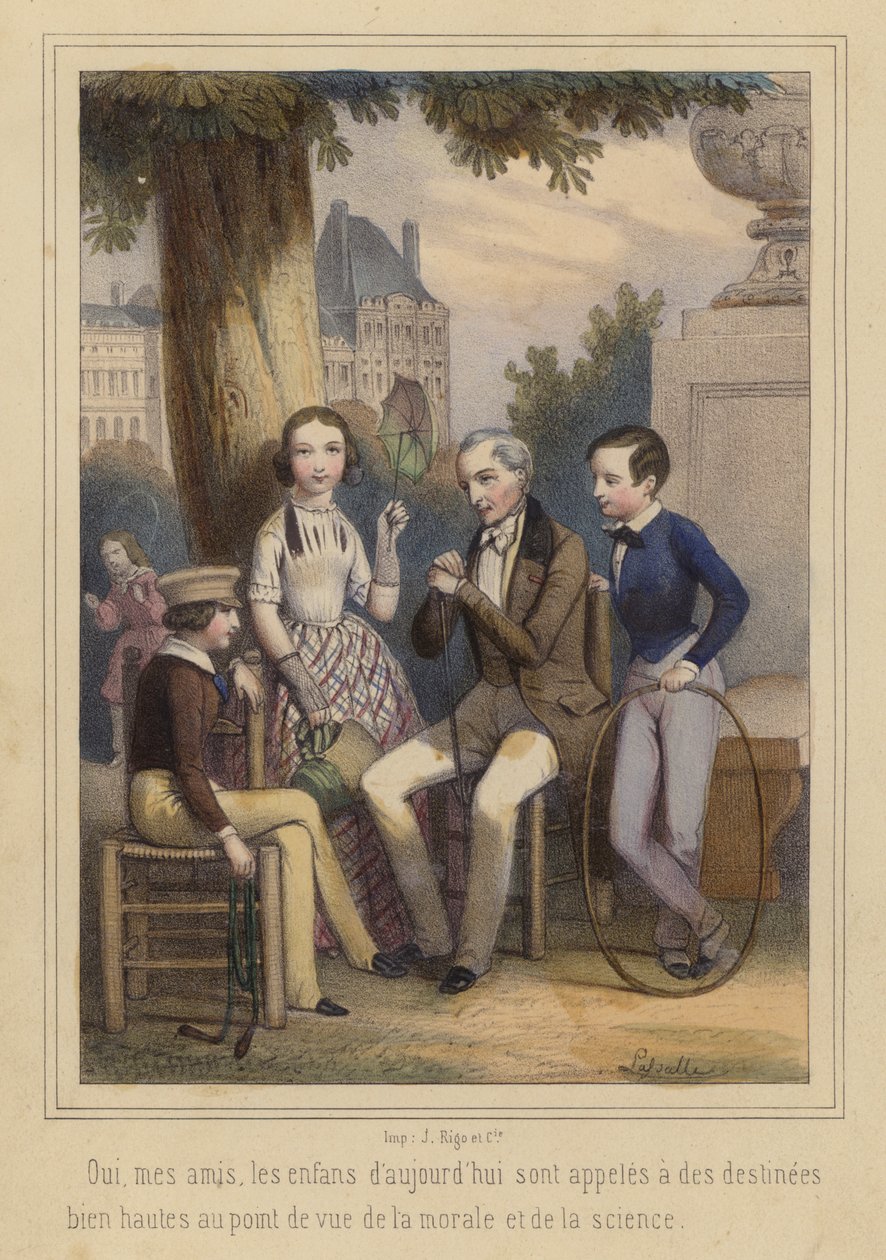 Los niños de hoy, destinados a grandes cosas en los campos de la moral y la ciencia (litografía en color) de French School