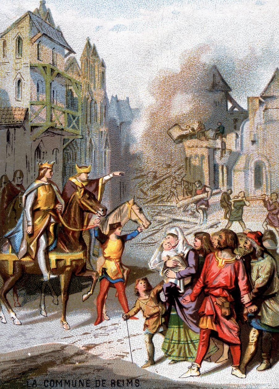 La comuna de Reims (1160) - Represalias de Luis VII para destruir las libertades comunales de los burgueses de Reims. Cromolitografía de la Serie “Patriotic Education through Image”. de French School