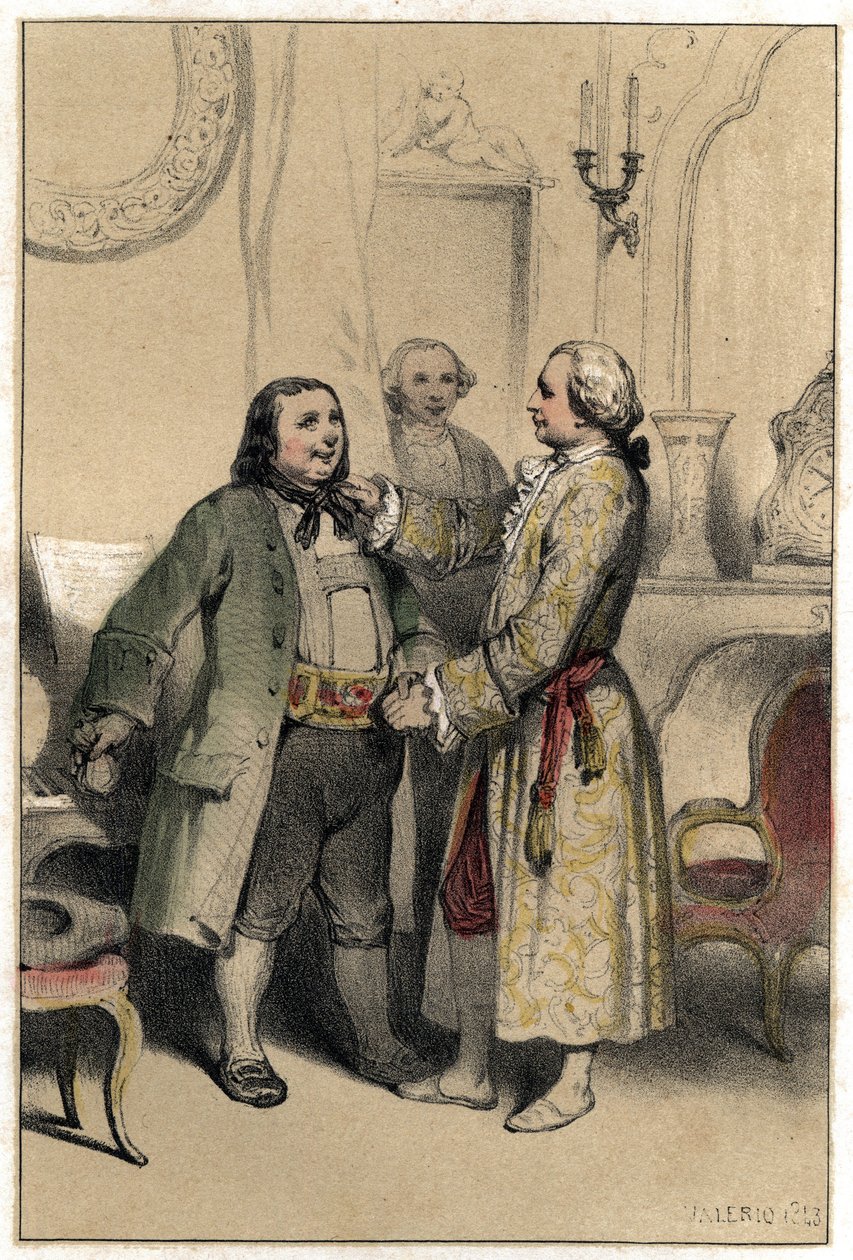 El compositor Joseph Haydn recibió a un hombre que vino a pedirle que compusiera un minueto para la boda de su hija. Placa tomada de "Escenas de la vida de hombres famosos" grabado en dos tonos por Valerio. 1843. de French School