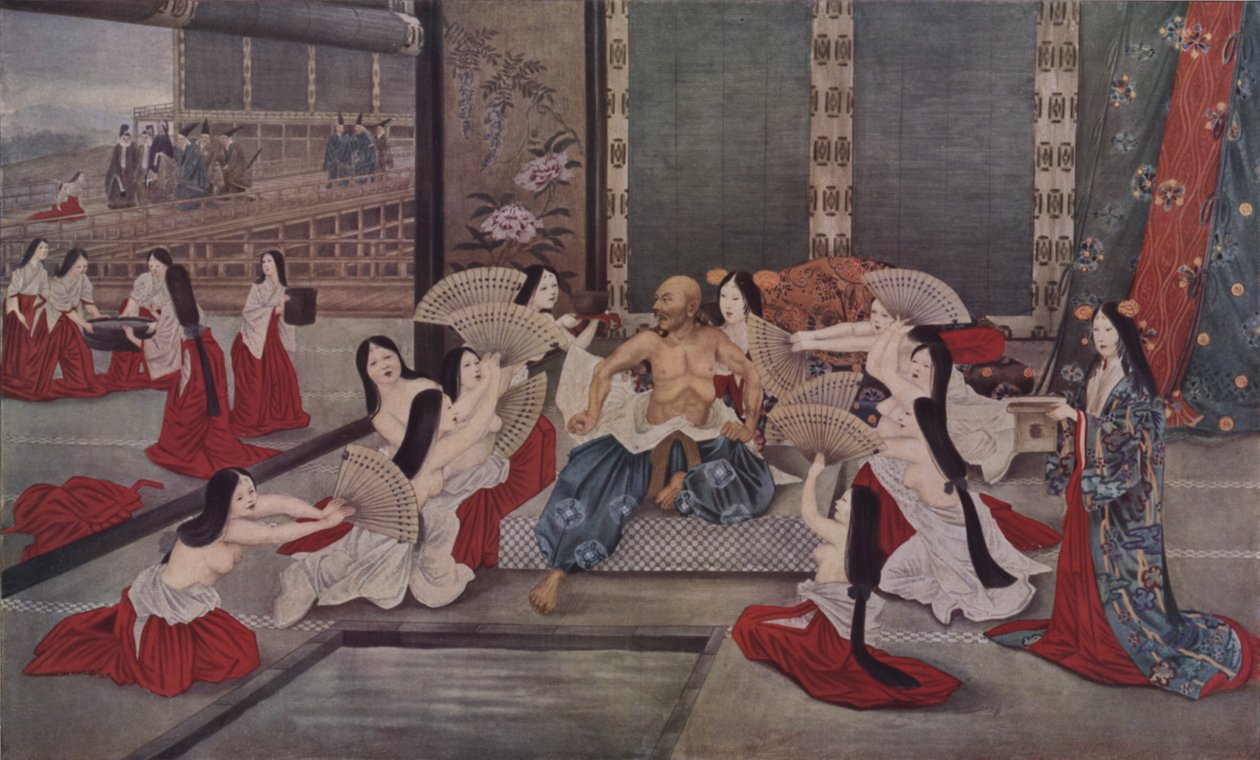 Las concubinas de Taira no Kiyomori intentan refrescarle dándole baños fríos y abanicándole con abanicos empapados en agua para calmar el fuego inextinguible encendido en su cuerpo por su orgullo sacrílego (litografía en color). de French School