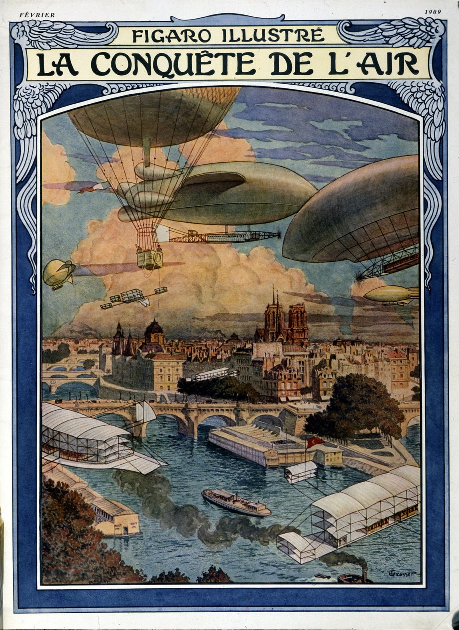 La conquista del aire: dirigible, globo y globo aerostático sobre París - portada en Figaro Illustrated de febrero de 1909 de French School
