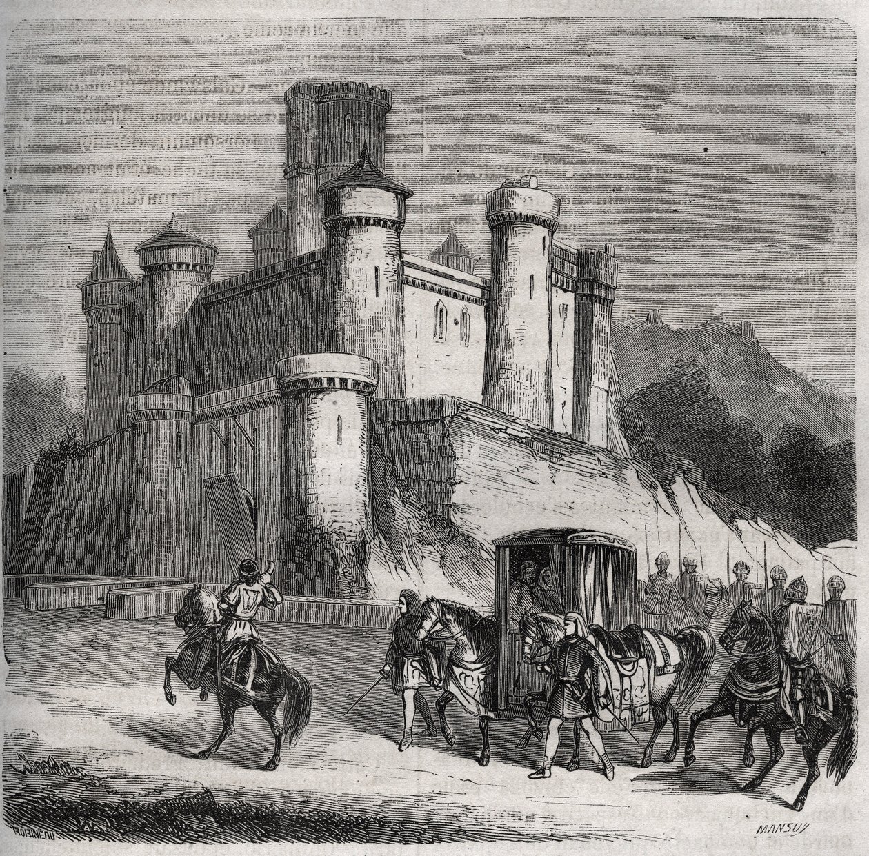 El cortejo de Rigonde (Rigonthe) (alrededor de 569-después de 589) sale de París para ir a su prometido, el Príncipe Recarede. Grabado de 1871 en "Histoire Des Cocus Celebres" de Henry de Kock (1819-1892) de French School