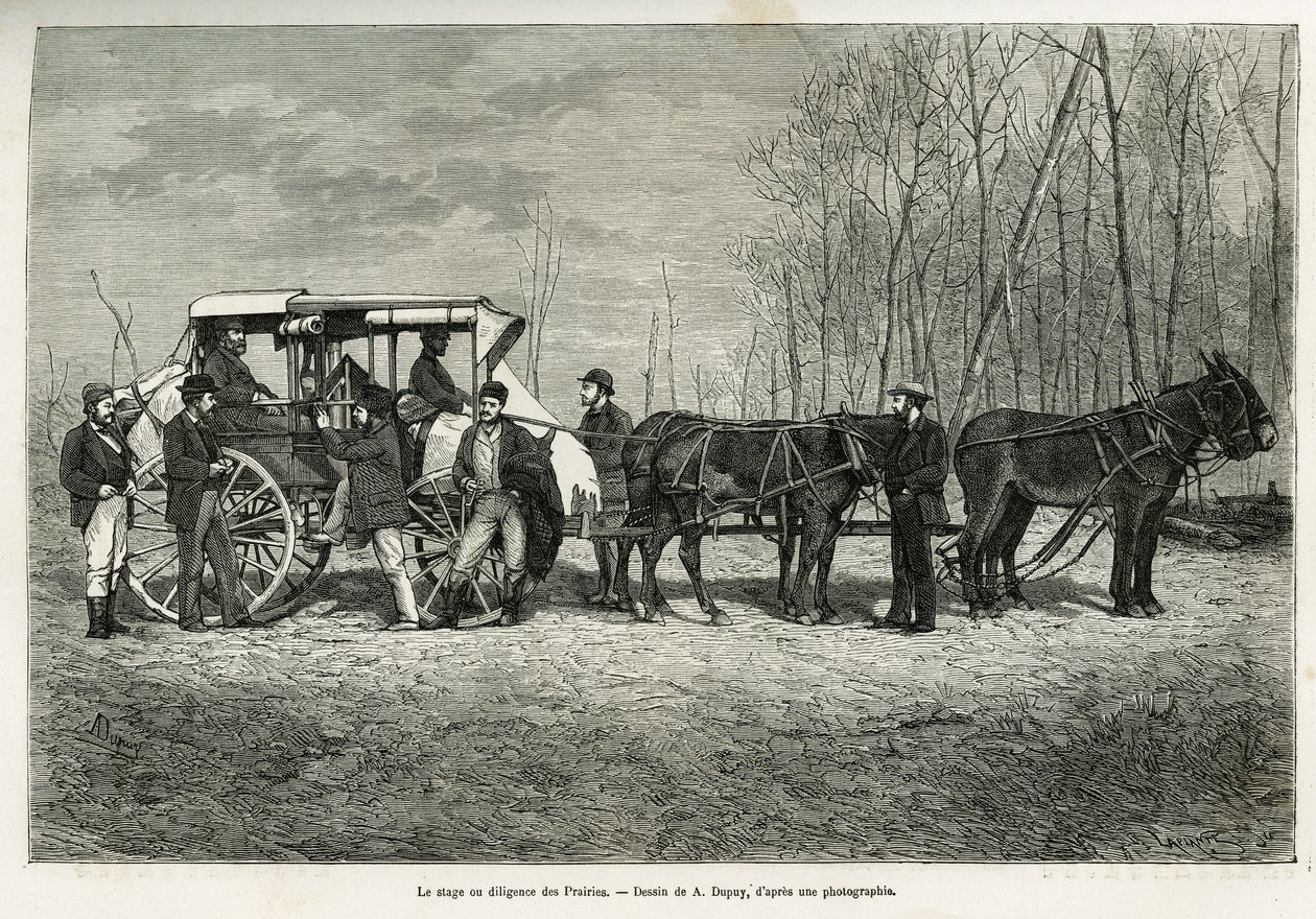 El curso o diligencia en el caballo de las praderas, dibujo de A. Dupuis, para ilustrar la historia de una excursión a Canadá y el río Rojo del Norte, en 1873, por H. de Lamotte. Grabado en Le tour du monde de French School