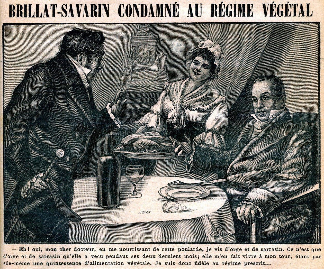 La curiosa dieta vegetariana del gastrónomo Jean Anthelme Brillat-Savarin (1755-1826), en la portada del semanario "La cuisine des familles" n°90, 10 de marzo de French School