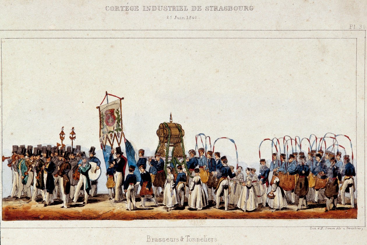 La danza de cerveceros y toneleros durante el cortejo industrial en Estrasburgo el 25/06/1840. Litografía de Simon de French School