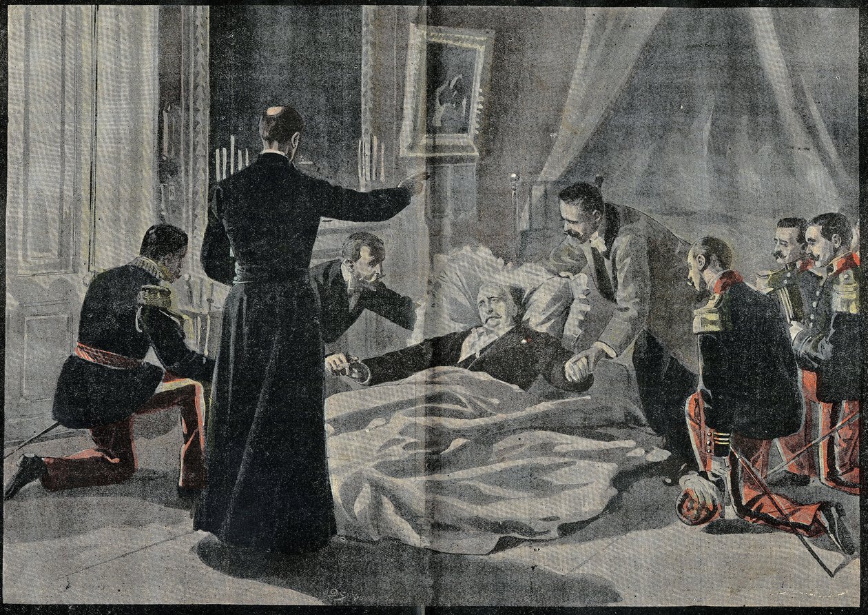 La muerte de Félix Faure (1841-1899), presidente de Francia, Abbe Renault le dio la absolución. Grabado en “Le Pelerin” 26/02/1899. de French School