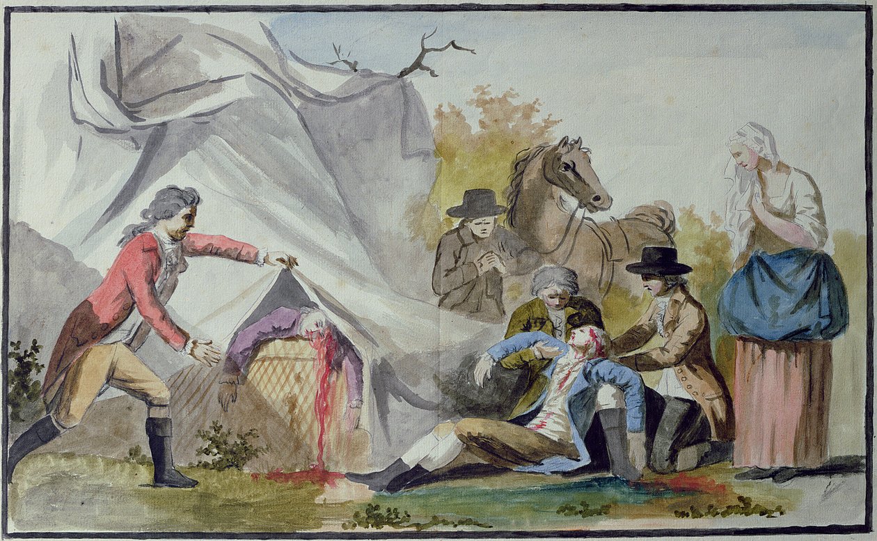 La muerte de Francois Pilatre de Rozier (1754-85) cerca de Boulogne el 15 de junio de 1785 después de intentar cruzar el Canal en un globo Mongolfiere de French School