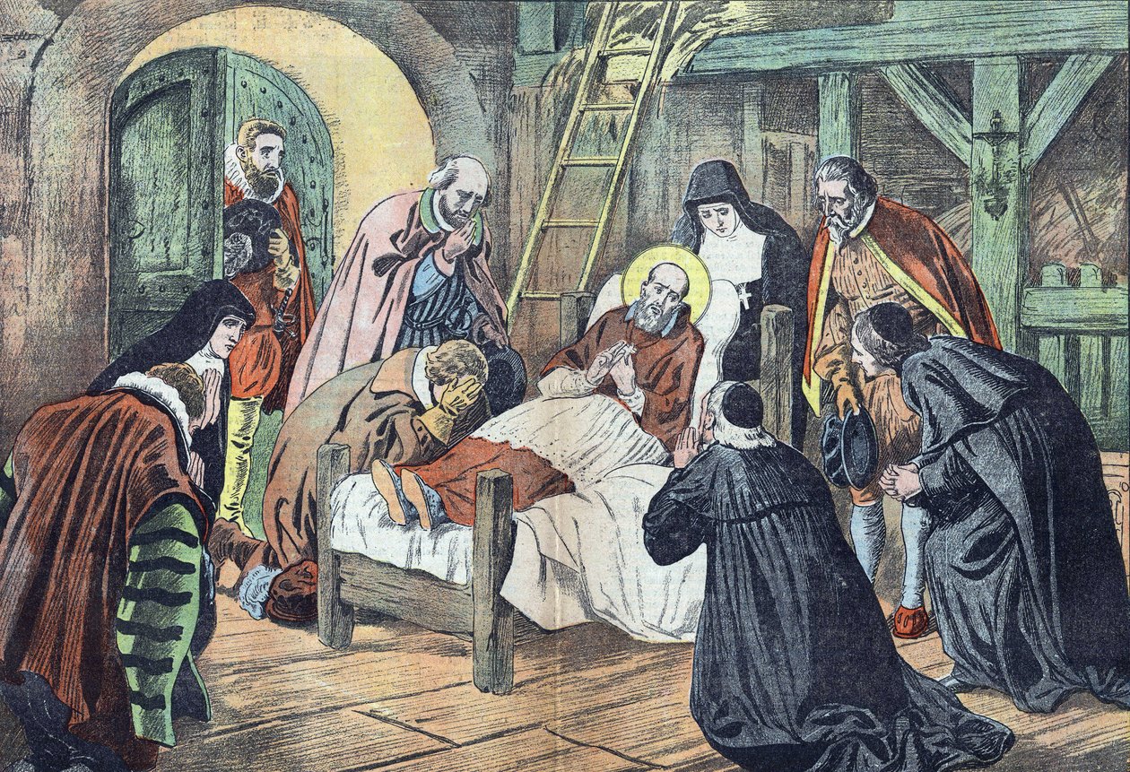 La muerte de San Francisco de Sales, el 18 de diciembre de 1622 en Lyon, estuvo rodeada de fideles. "Le pelerin" del 31/12/1922 (impresión) de French School