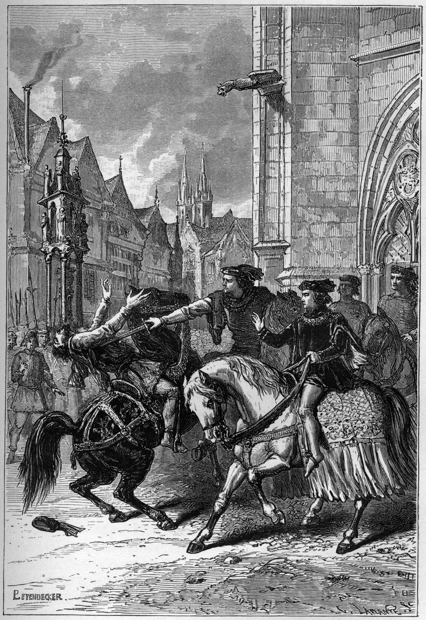La muerte de Wat Tyler en Smithfield, Londres, en 1381 durante la Revuelta de los Campesinos - Muerte de Wat (o Walter) Tyler, revolucionario inglés, en Smithfield, durante la Revuelta de los Campesinos, Londres de French School
