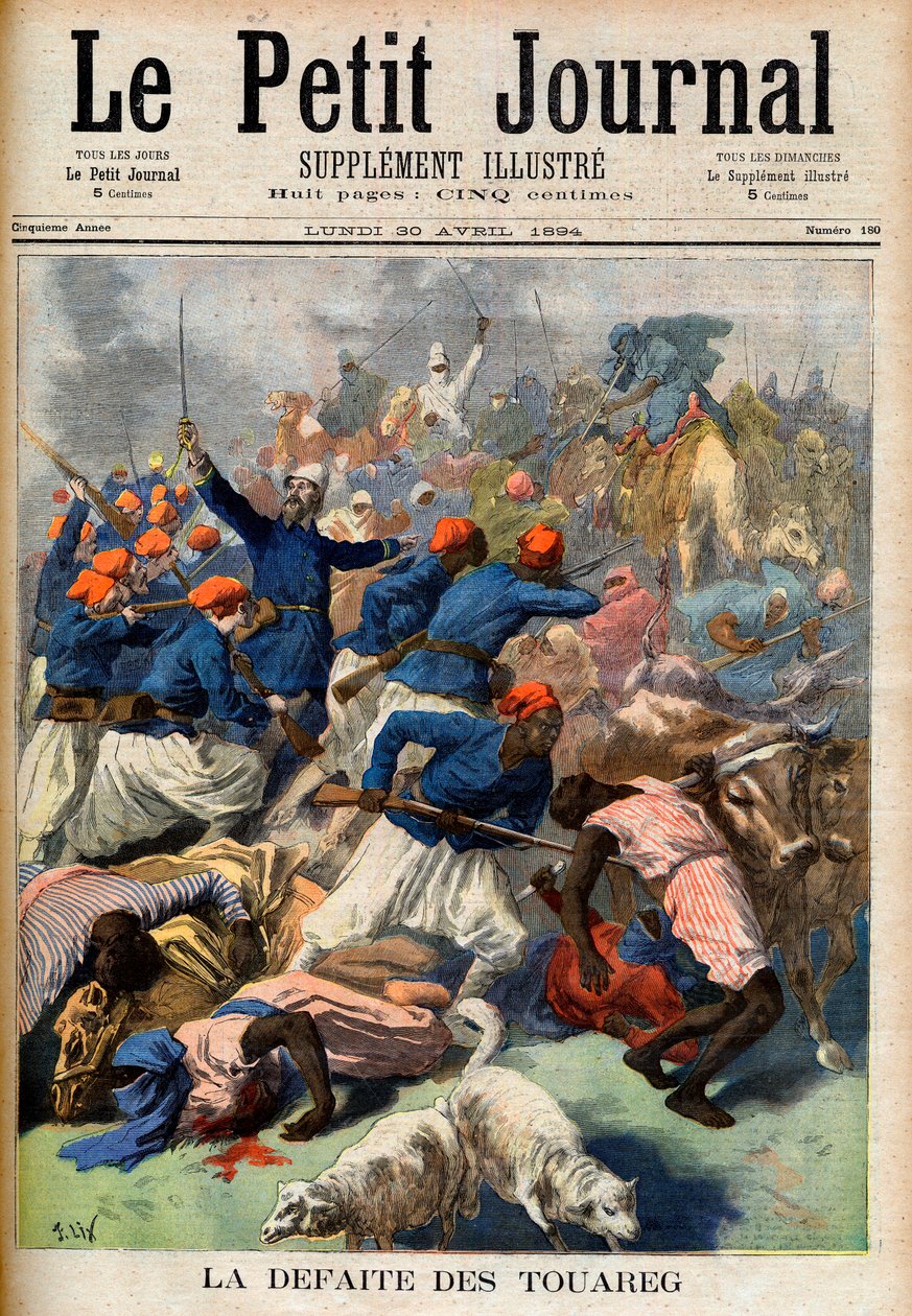 La derrota de los Tuareg. Tropas coloniales francesas bajo el mando del teniente coronel Joseph Joffre (1852-1931). Ilustración para Le Petit Journal, 30 de abril de 1894 de French School