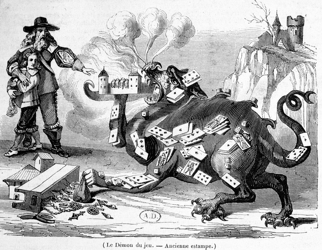 El demonio del juego - Grabado alegórico francés de French School