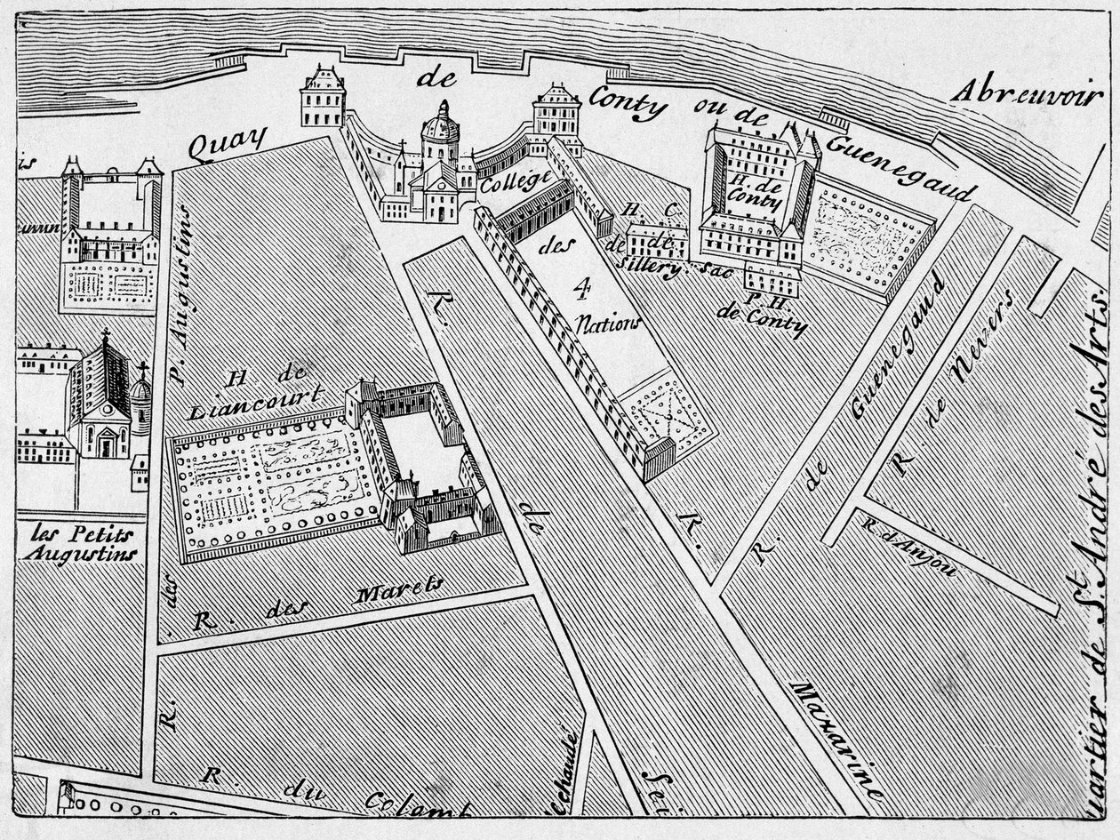El distrito del Colegio de las Cuatro Naciones y el hotel Conti-Fac-Simile en el plan de J. de la Caille de French School
