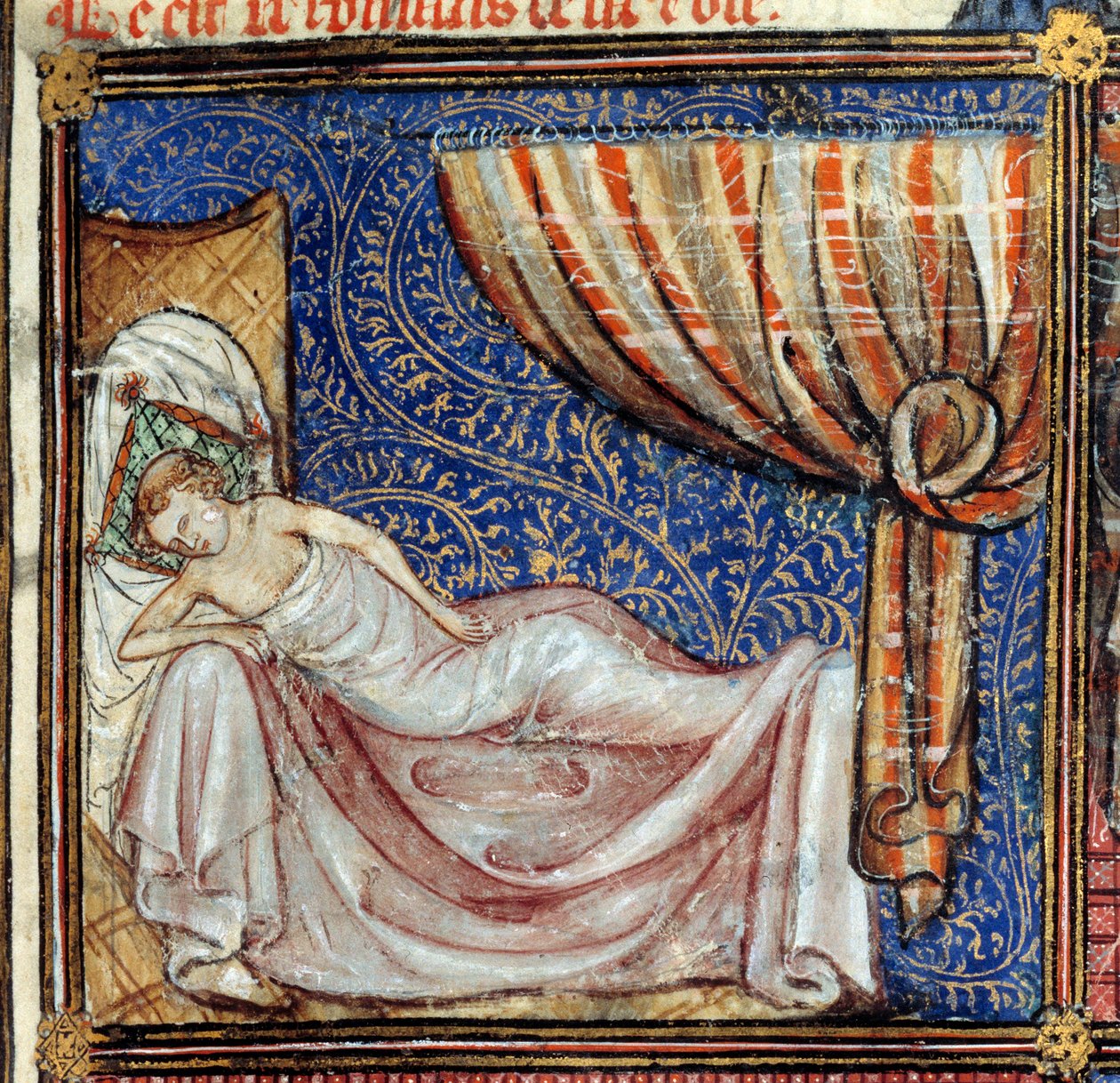 El sueño, detalle: El amante dormido. Miniatura de "Le Roman de la rose" de Jean de Meun, Jean de Meung o Jean Chopinel, Jean Clopinel (v.1240-1305), hacia 1370. Chantilly, Museo Conde de French School