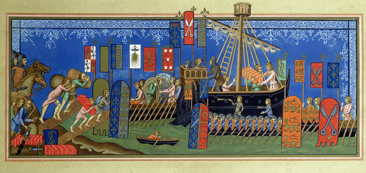 El embarque de los Caballeros del Espíritu Santo para las cruzadas, después de una miniatura en el manuscrito de los Estatutos de la Orden del Espíritu Santo de Nápoles en el Louvre, grabado por Félix Regamey (1844-1907) de French School