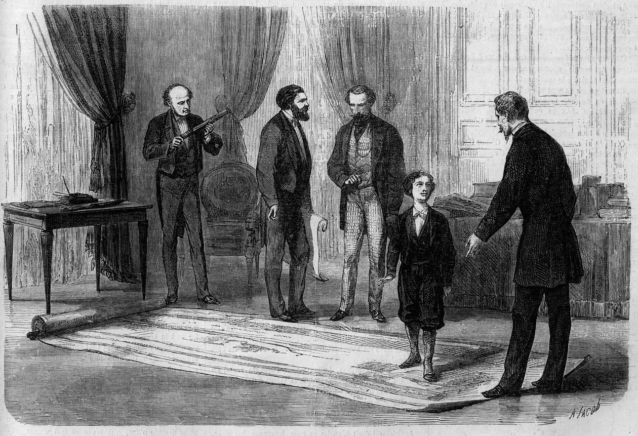 El ingeniero Boutet presentó su plan para un puente ferroviario entre Francia e Inglaterra al emperador Napoleón III (1808-1873), en presencia de su hijo el Príncipe Imperial (1856-1879) de French School