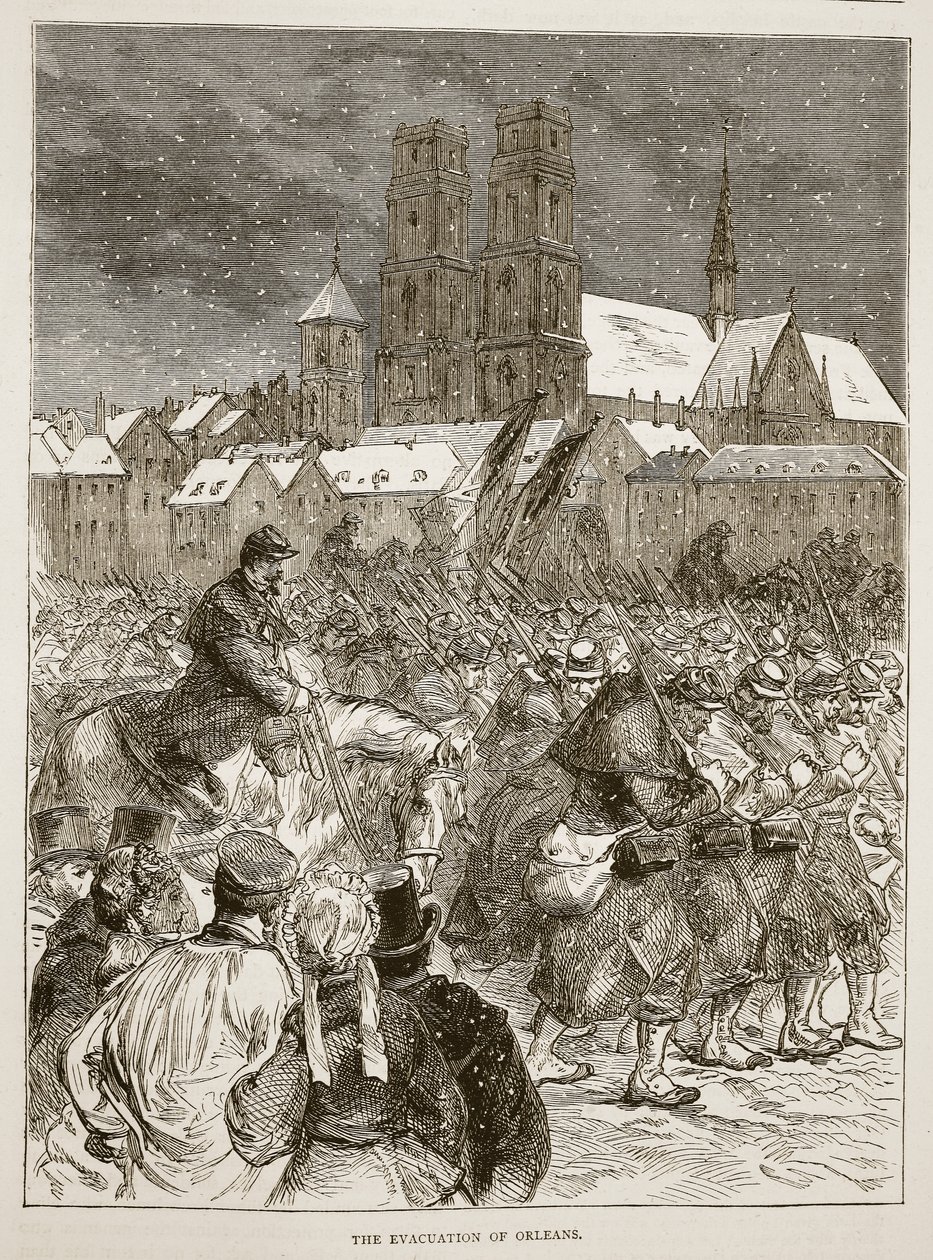La evacuación de Orleans, diciembre de 1870, ilustración de la Historia de la Guerra entre Francia y Alemania de Cassell, 1870-1871 de French School