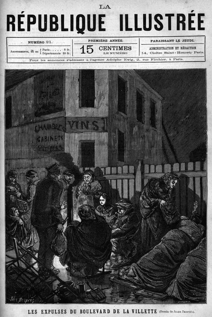 Los desalojos del Boulevard de la Villette: trabajadores expulsados de una ciudad parisina deben dormir en la calle. Un periódico. Grabado de 1880 en "La republique illustree". Colección privada. de French School