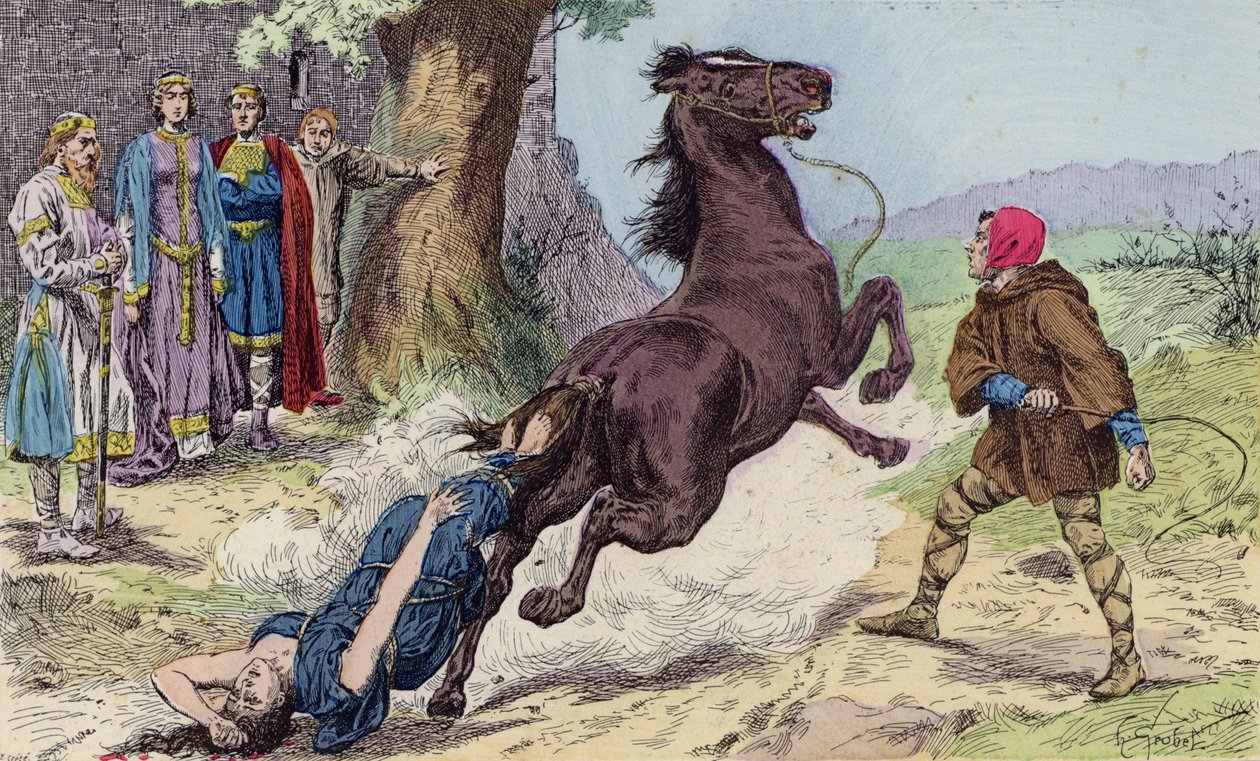 Ejecución de Brunilda de Austrasia por Chlothar II, 613 (litografía en color) de French School