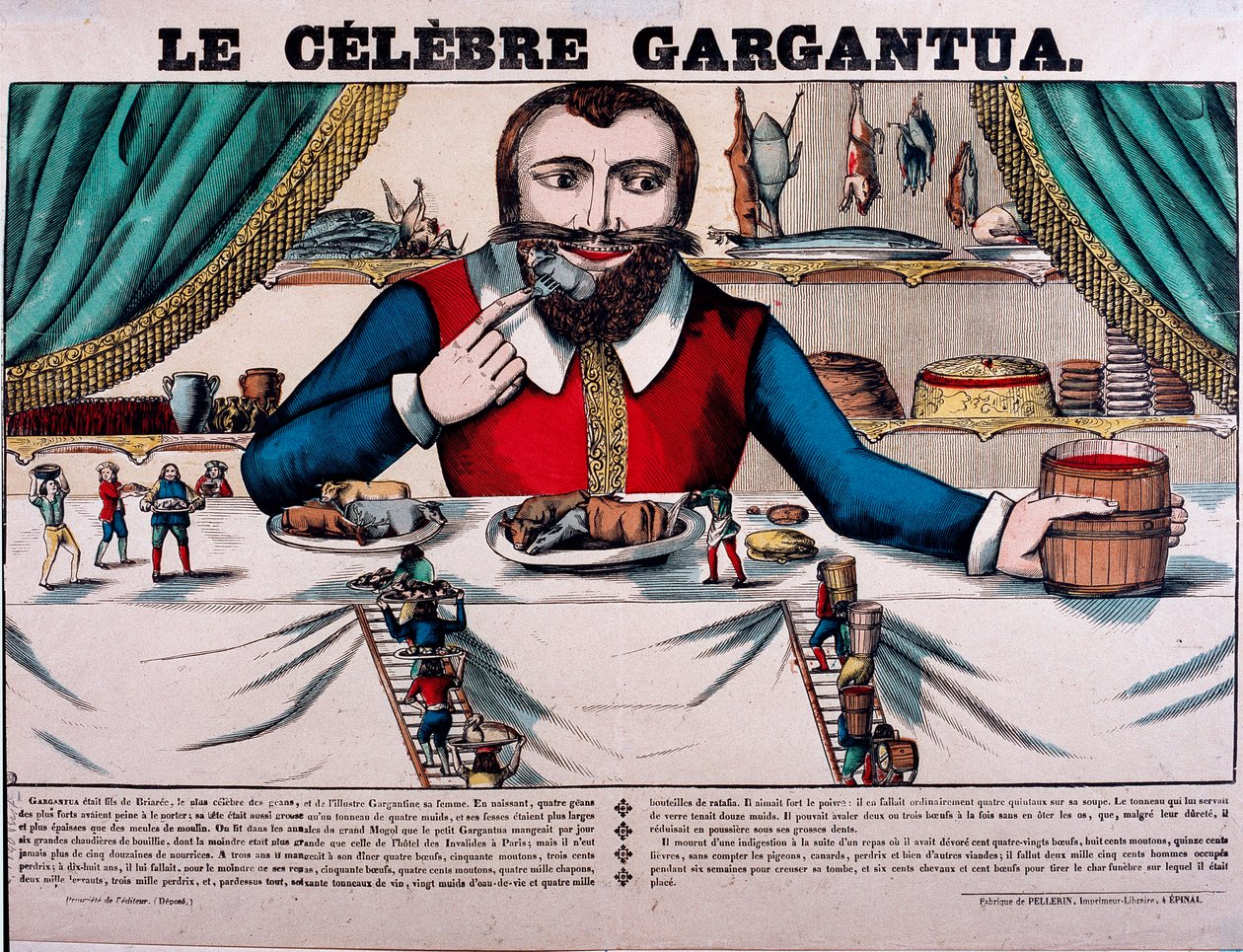 El famoso personaje Gargantúa de las novelas de François Rabelais (1494-1553), escritor francés. Gargantúa tiene un gran dosel y tiene todo tipo de platos. Imagen de Épinal del siglo XIX de French School
