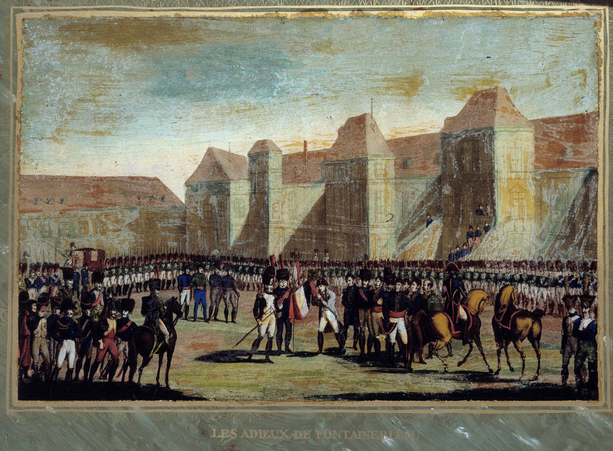 La despedida de Napoleón Bonaparte a la guardia imperial en el patio de Cheval Blanc en Fontainebleau el 20/04/1814 de French School