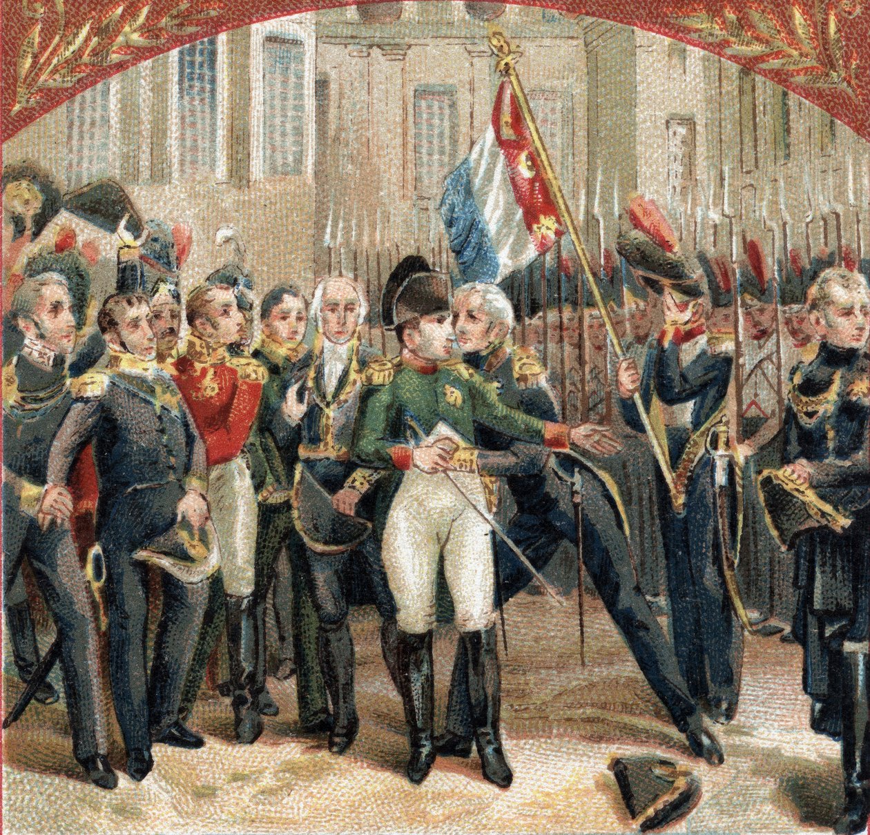La despedida de Napoleón Bonaparte (1769-1821) a la guardia imperial en el patio del Cheval Blanc en el castillo de Fontainebleau el 20/04/1814. Cromolitografía de finales del siglo XIX de French School