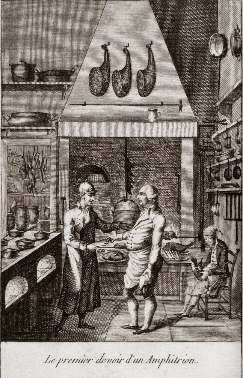 El primer deber de un anfitrión - grabado en "Almanaque de gourmets, sirviendo como guía en formas de hacer excelente comida. Por un viejo aficionado" por Alexandre Balthazar Laurent Grimod de la Reynière - 1804-1812 de French School