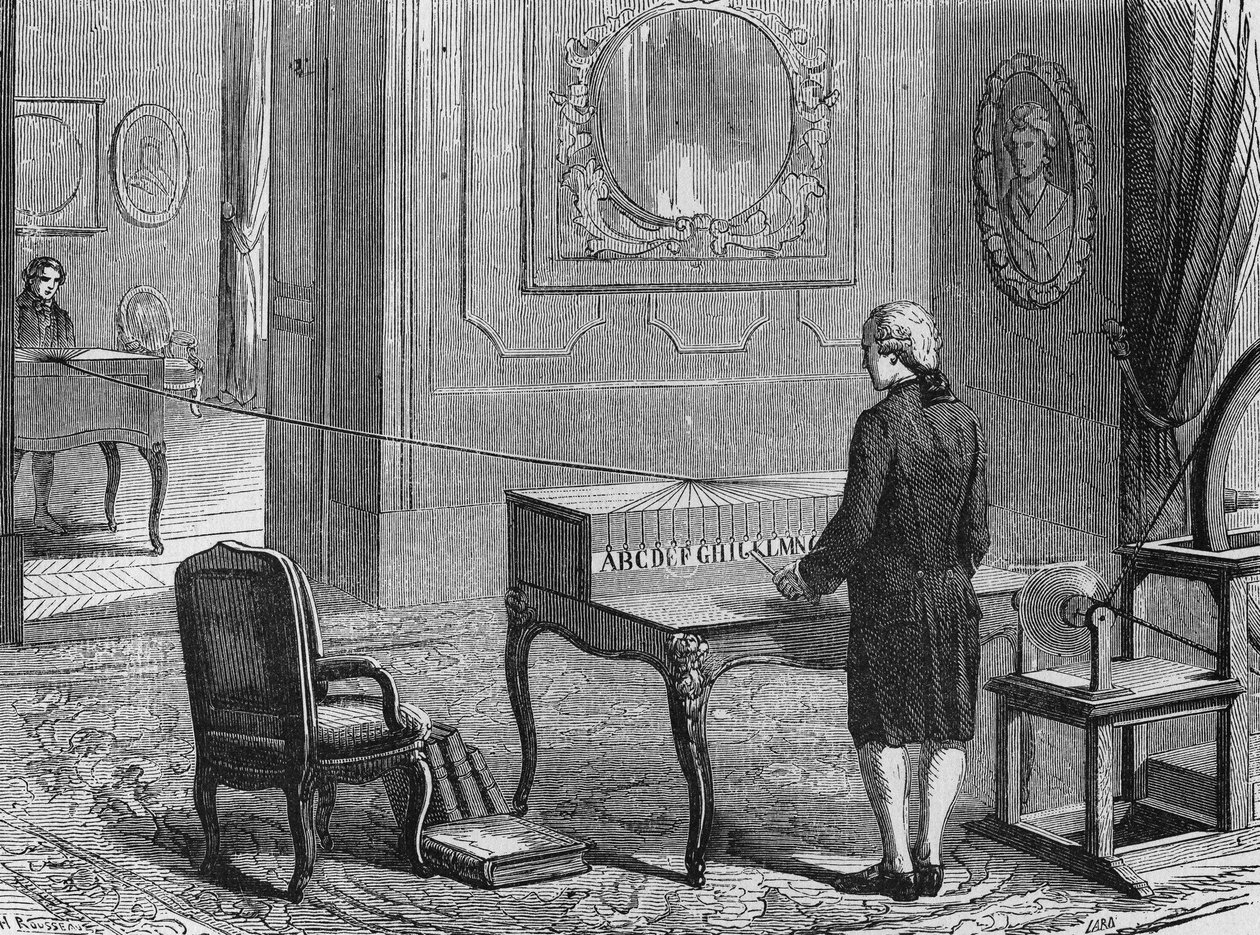 El primer telégrafo eléctrico (aparato de Georges Lesage), Ginebra 1760. En "Álbum de la Ciencia", Éditions Jouvet de French School